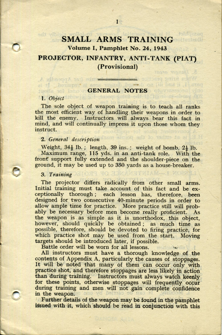 Small Arms Training No24; The Projector, Infantry, Anti-Tank (PIAT) 1943